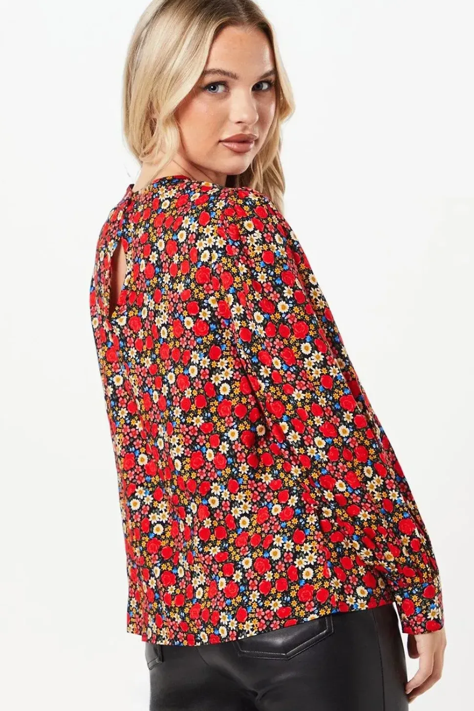 Petite Red Rose Ditsy Keyhole Blouse