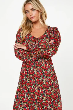 Petite Red Rose Ditsy Tie Front Shirred Cuff Midi Dress