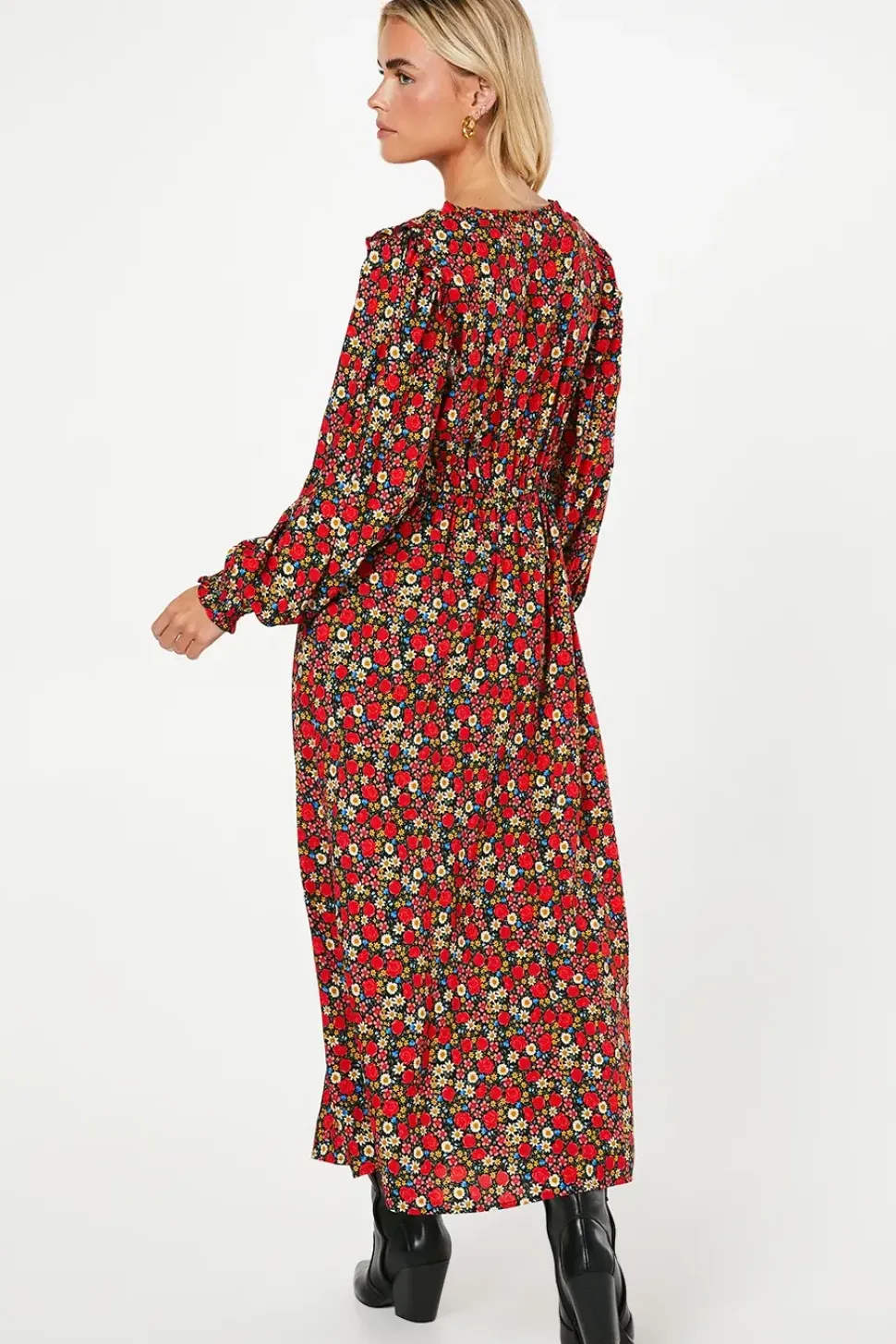 Petite Red Rose Ditsy Tie Front Shirred Cuff Midi Dress
