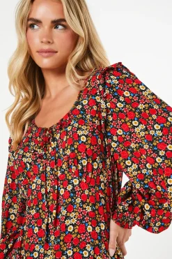 Petite Red Rose Ditsy Tie Front Shirred Cuff Midi Dress
