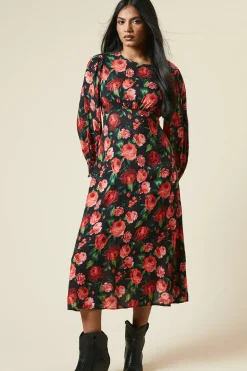 Petite Red Rose Shirred Cuff Midi Dress