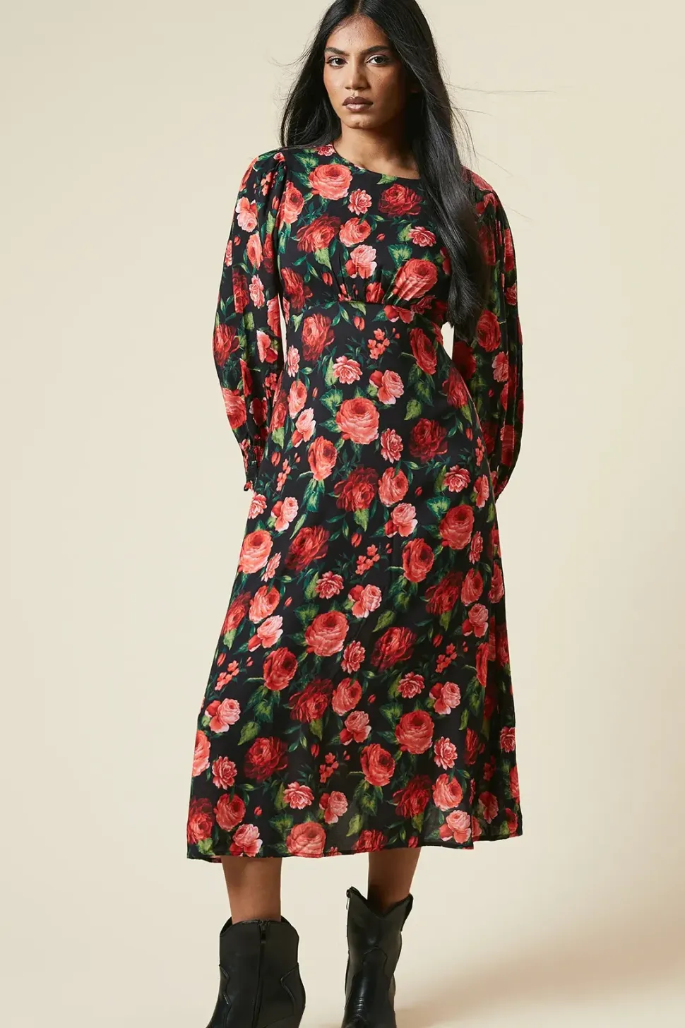 Petite Red Rose Shirred Cuff Midi Dress