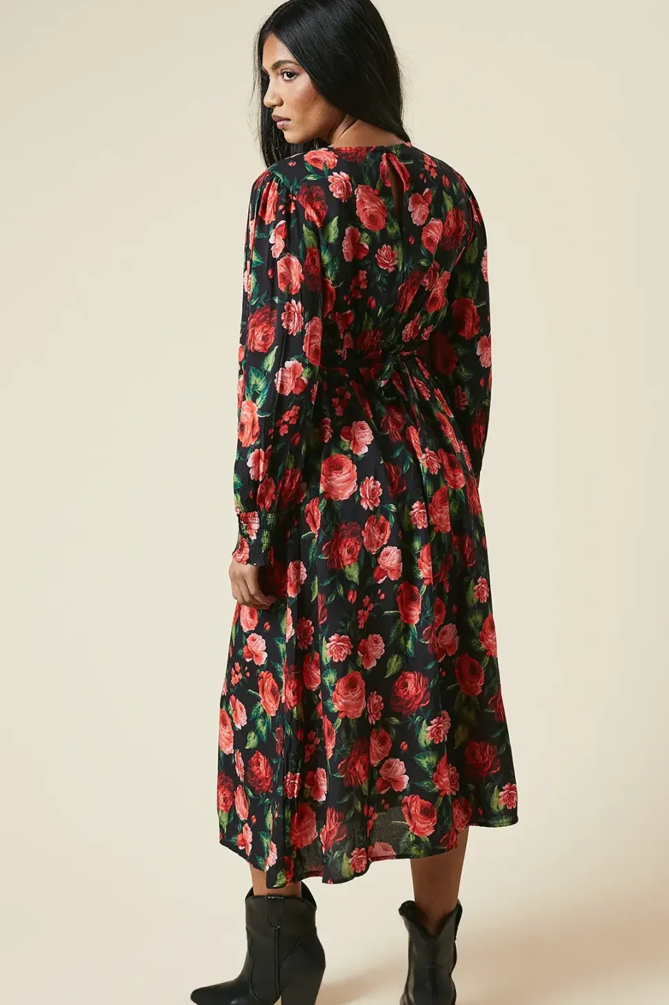 Petite Red Rose Shirred Cuff Midi Dress