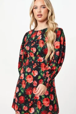 Petite Red Rose Shirred Cuff Mini Dress