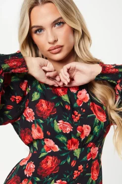 Petite Red Rose Shirred Cuff Mini Dress