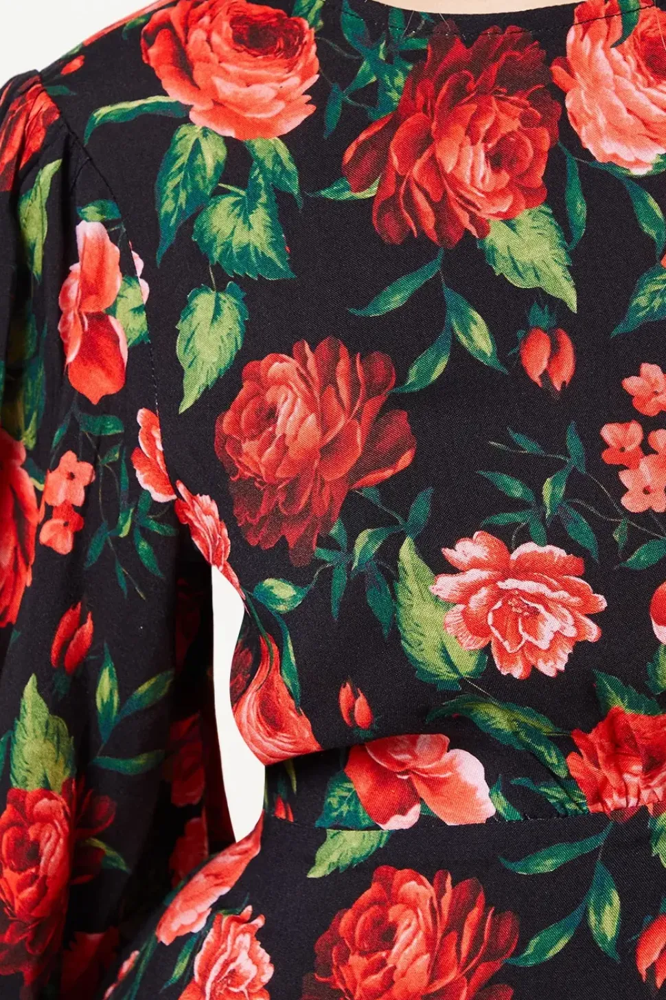 Petite Red Rose Shirred Cuff Mini Dress