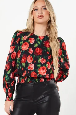 Petite Red Rose Shirred Hem Long Sleeve Blouse