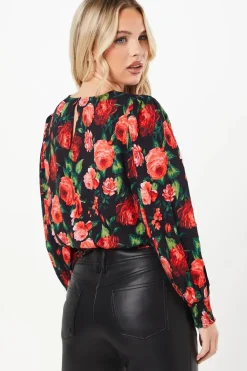 Petite Red Rose Shirred Hem Long Sleeve Blouse