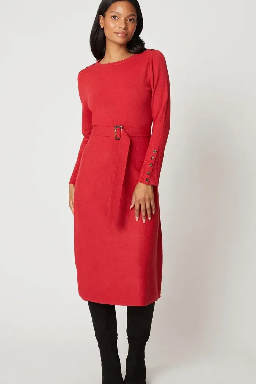 Petite Red Slash Neck Belted Knitted Dress