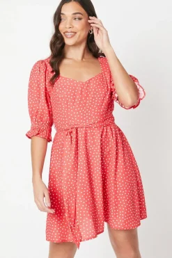 Petite Red Spot Sweetheart Neckline Puff Sleeve Mini Dress