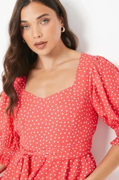 Petite Red Spot Sweetheart Neckline Puff Sleeve Mini Dress