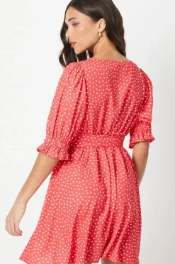 Petite Red Spot Sweetheart Neckline Puff Sleeve Mini Dress