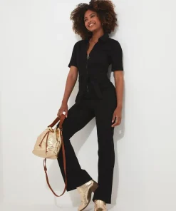 PETITE Retro Denim Zip-Front Jumpsuit