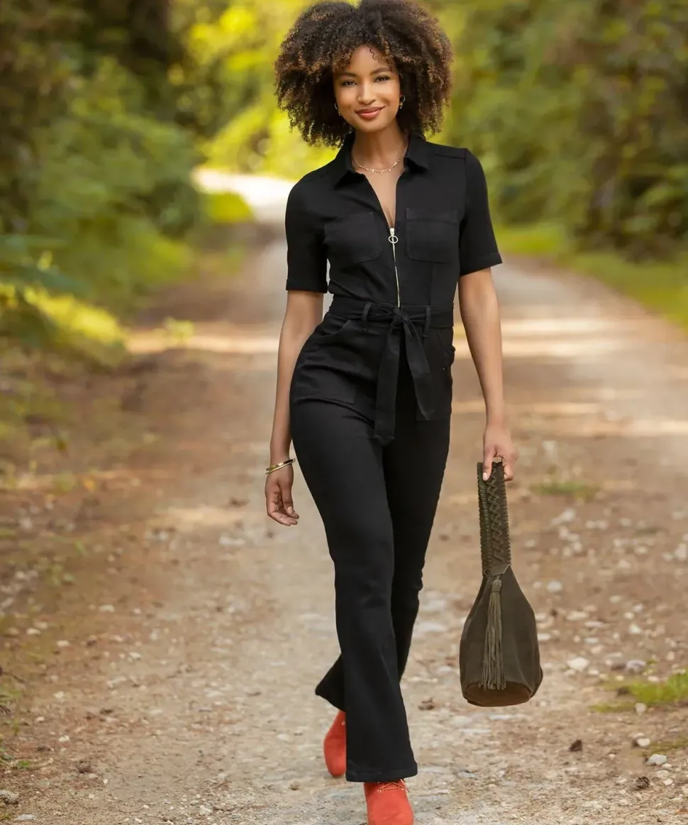 PETITE Retro Denim Zip-Front Jumpsuit