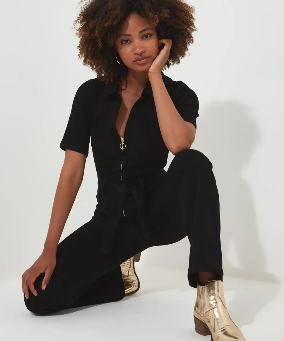 PETITE Retro Denim Zip-Front Jumpsuit
