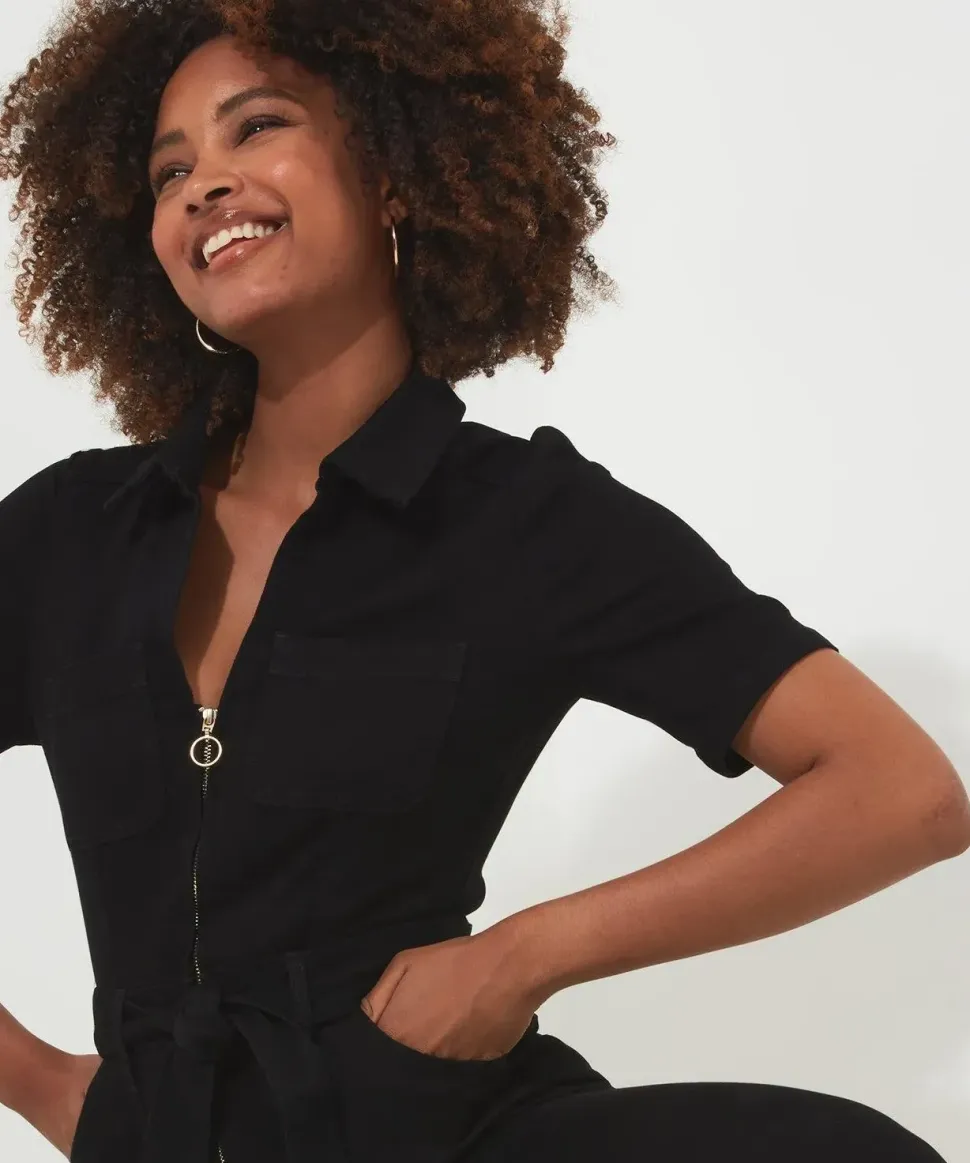 PETITE Retro Denim Zip-Front Jumpsuit