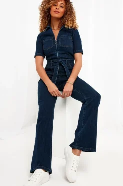 PETITE Retro Denim Zip-Front Jumpsuit