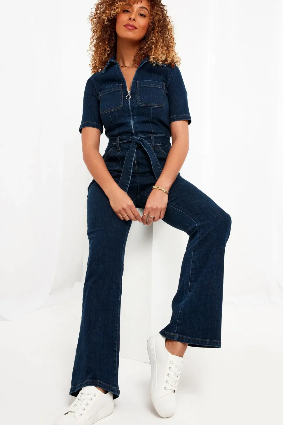 PETITE Retro Denim Zip-Front Jumpsuit