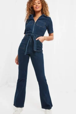 PETITE Retro Denim Zip-Front Jumpsuit