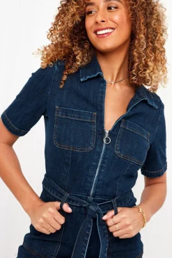 PETITE Retro Denim Zip-Front Jumpsuit