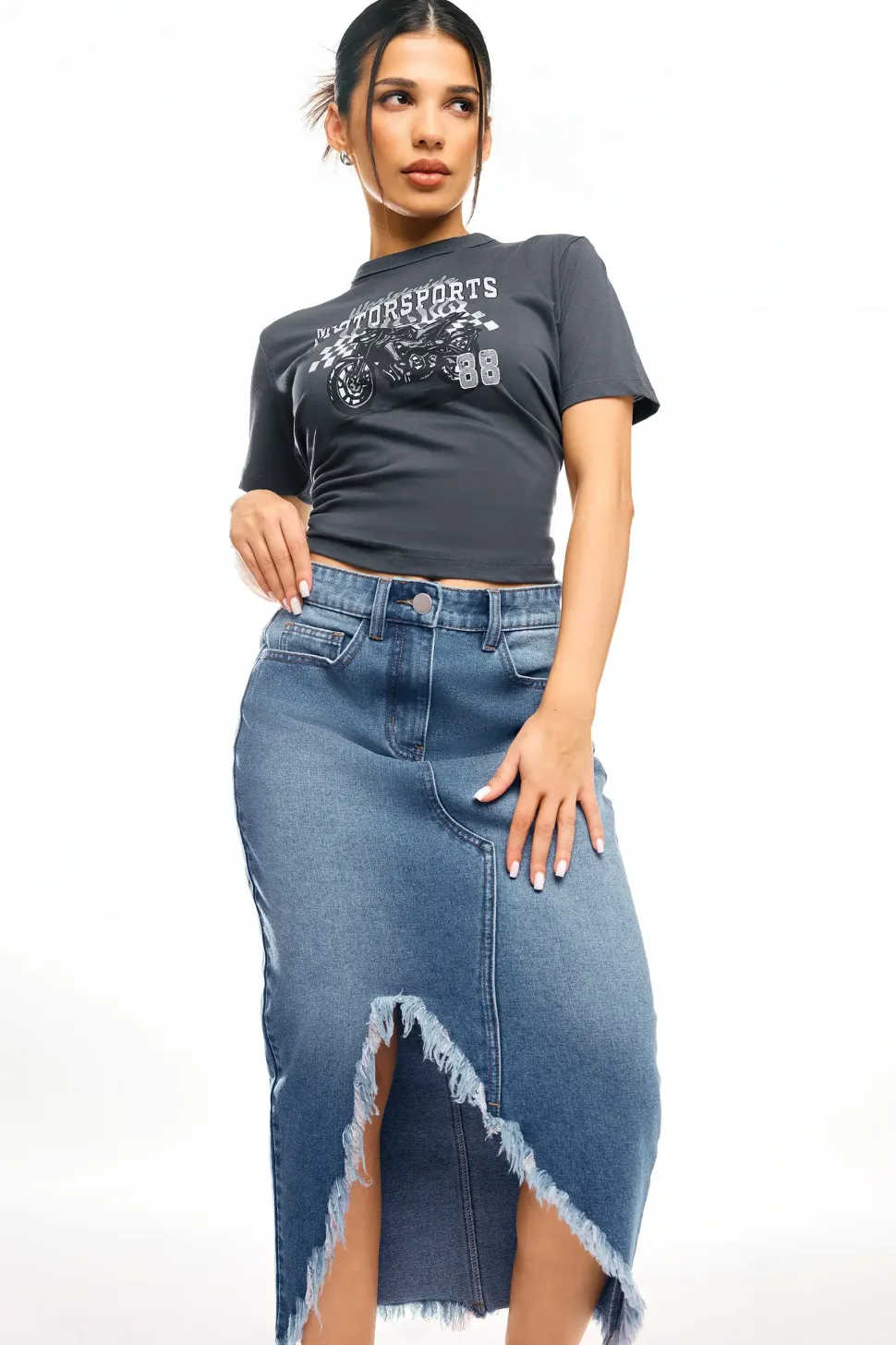 Petite Ripped Hem Midi Skirt