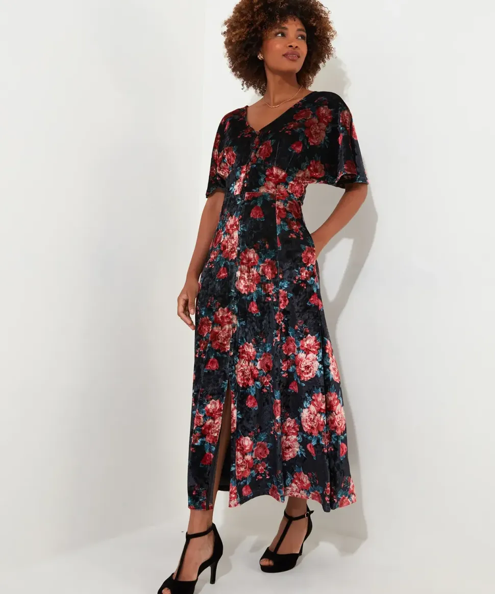 Petite Rose Floral Tie Waist Velour V-Neck Dress
