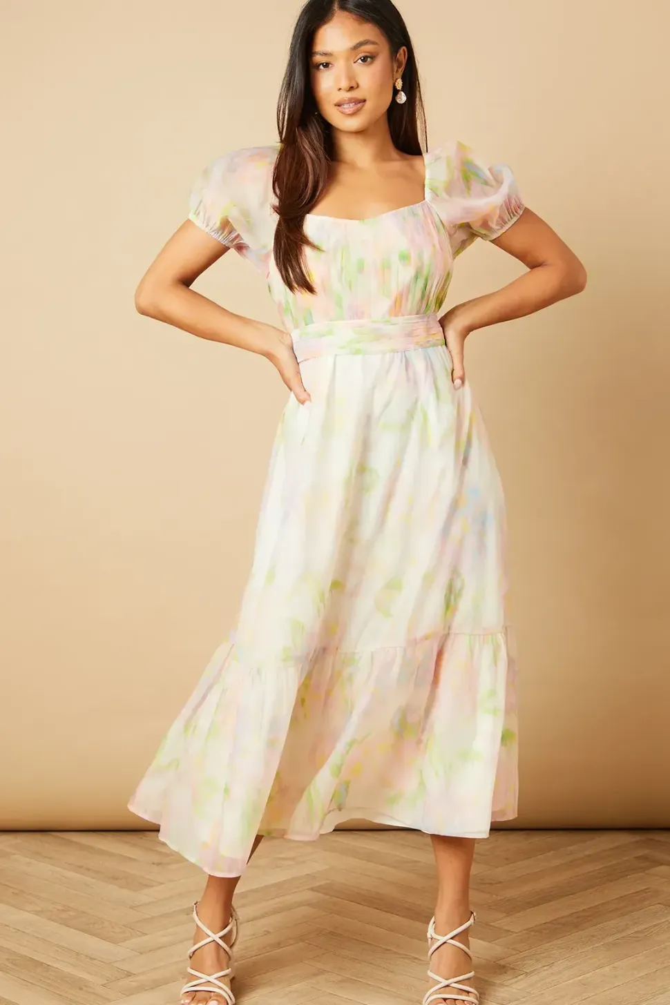 Petite Ruched Bust Organza Tiered Midi Dress