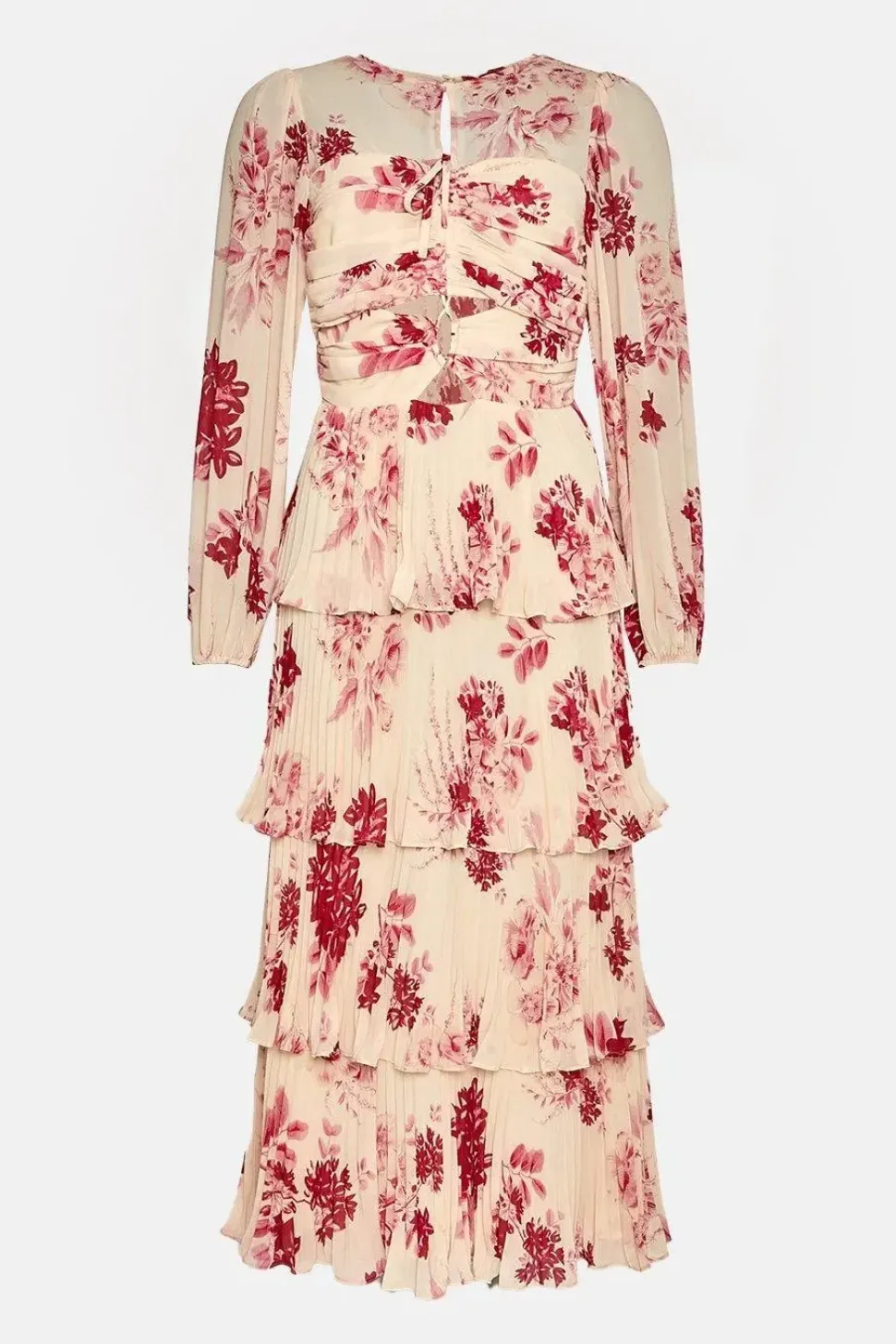 Petite Ruched Pleated Tiered Floral Midi Dress