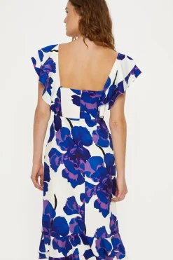 Petite Ruffle Detail Floral Crepe Midi Dress
