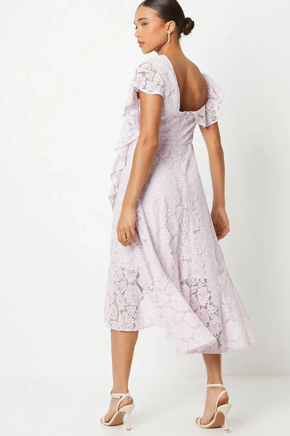 Petite Ruffle Detail Frill Shoulder Lace Midi Dress
