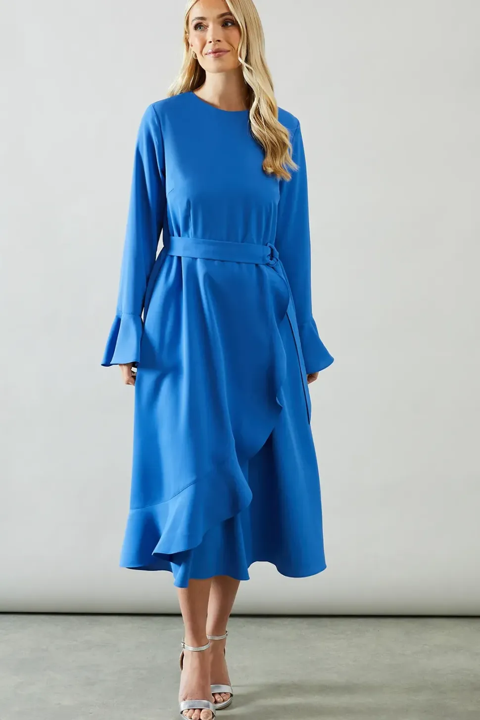 Petite Ruffle Front Belted Midi Dress