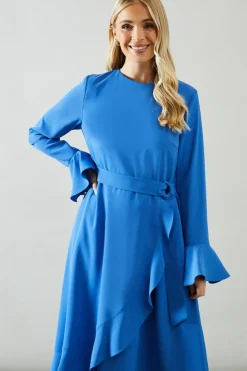 Petite Ruffle Front Belted Midi Dress