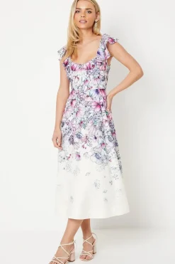 Petite Ruffle Shoulder Cotton Midi Dress In Floral Print