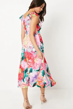 Petite Ruffle Shoulder Midi Dress In Floral Print