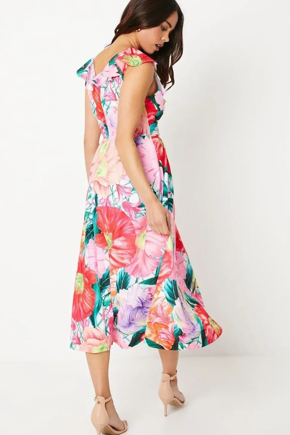 Petite Ruffle Shoulder Midi Dress In Floral Print