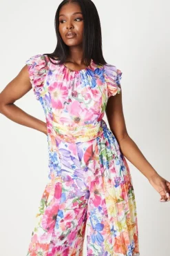 Petite Ruffle Shoulder Pleated Wide Leg Jumpsuit