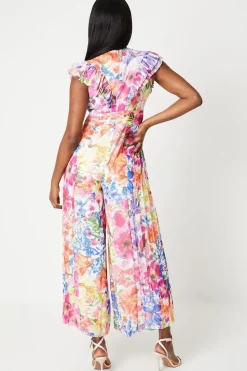 Petite Ruffle Shoulder Pleated Wide Leg Jumpsuit