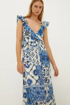 Petite Ruffle Strap Tie Back Printed Broderie Dress