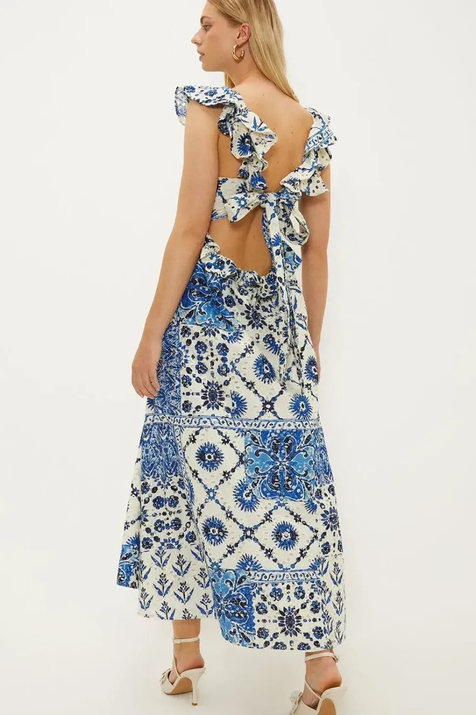 Petite Ruffle Strap Tie Back Printed Broderie Dress