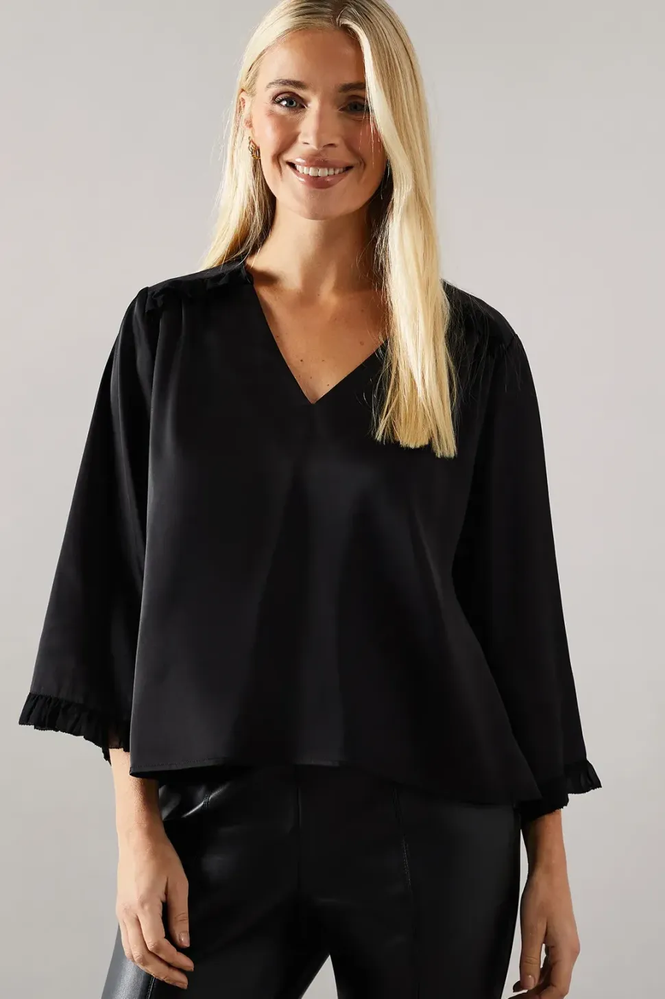 Petite Satin Flute Sleeve Frill Detail Blouse