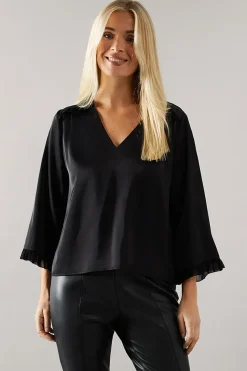 Petite Satin Flute Sleeve Frill Detail Blouse