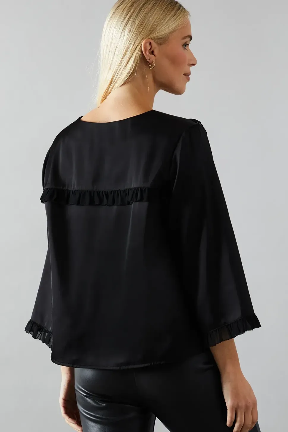 Petite Satin Flute Sleeve Frill Detail Blouse