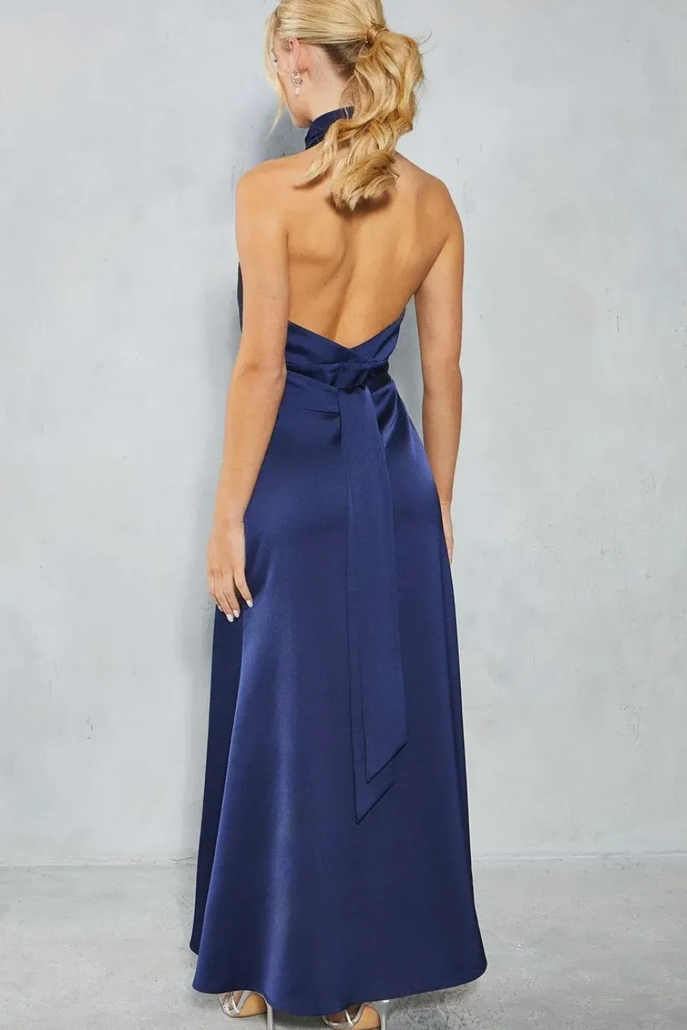 Petite Satin Halter Bias Cut Maxi Bridesmaids Dress