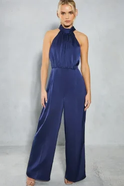 Petite Satin Halter Wide Leg Bridesmaids Jumpsuit