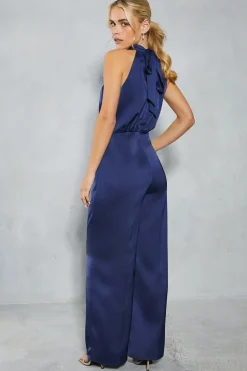 Petite Satin Halter Wide Leg Bridesmaids Jumpsuit