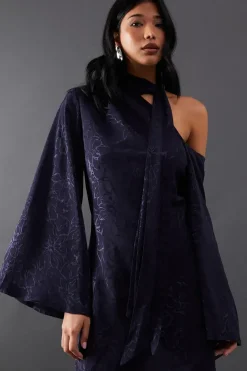 Petite Satin Jacquard Tie Neck Asymmetric Shoulder Mini Dress