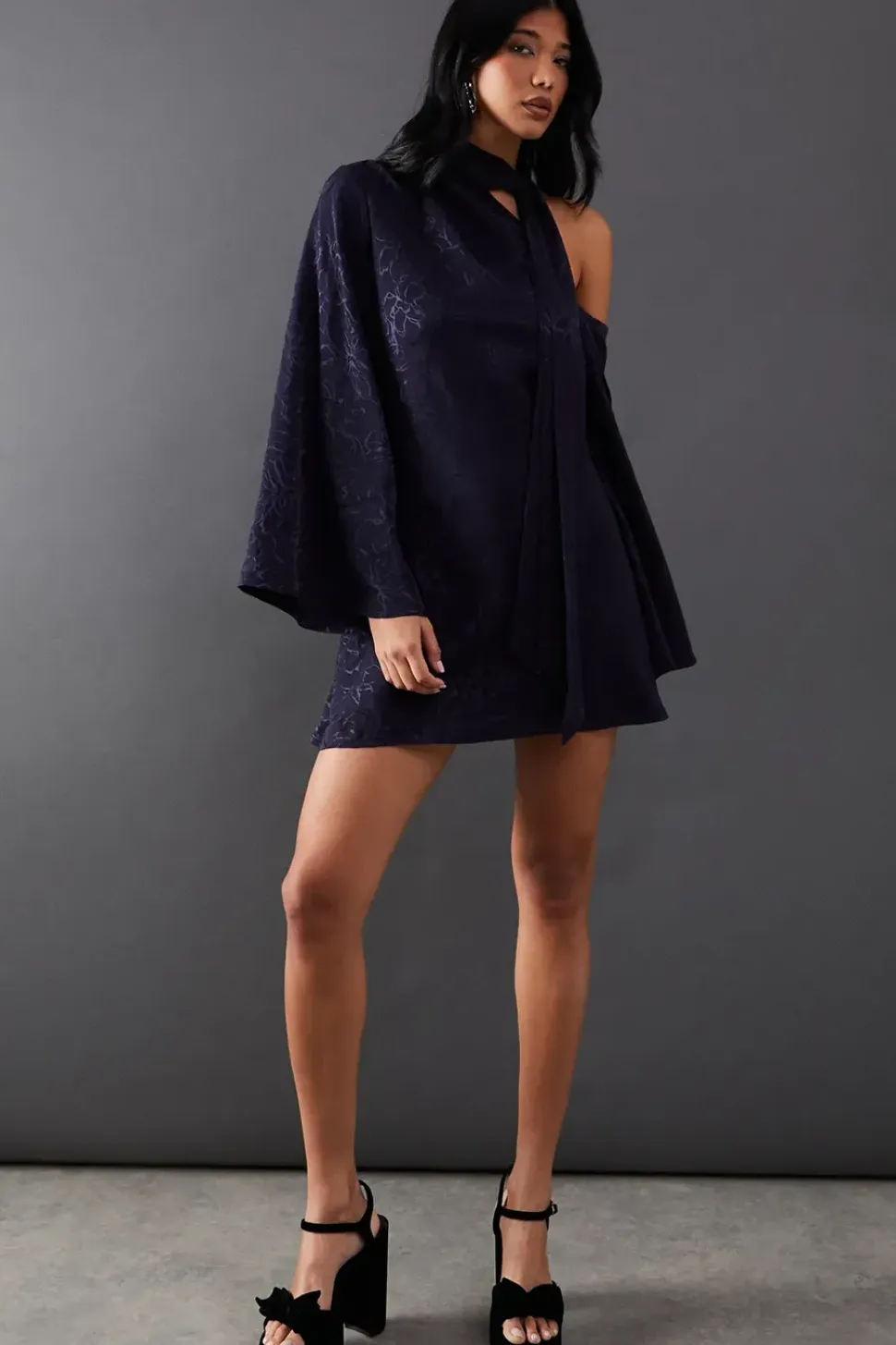 Petite Satin Jacquard Tie Neck Asymmetric Shoulder Mini Dress