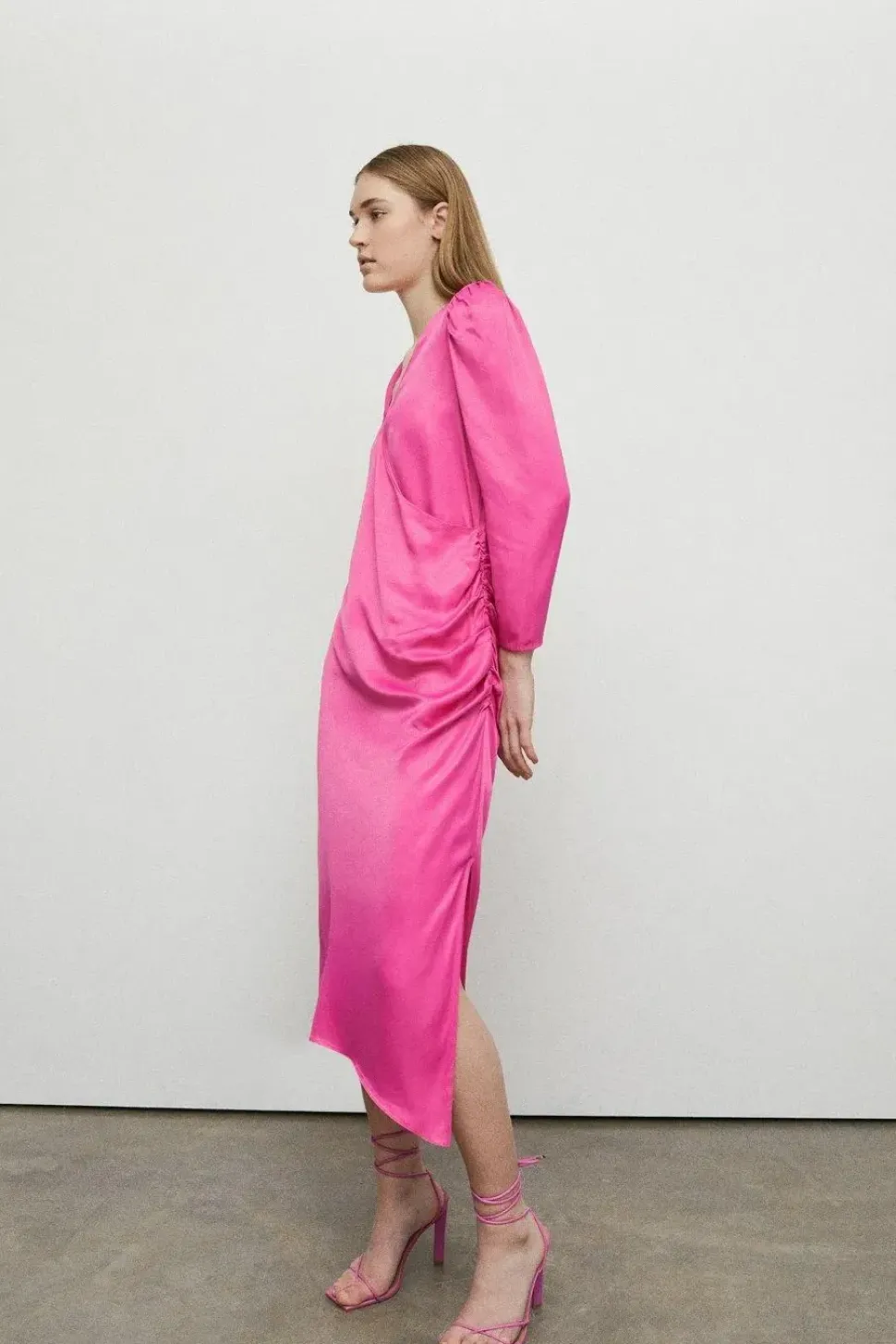Petite Satin Long Sleeve Wrap Midi Slip Dress