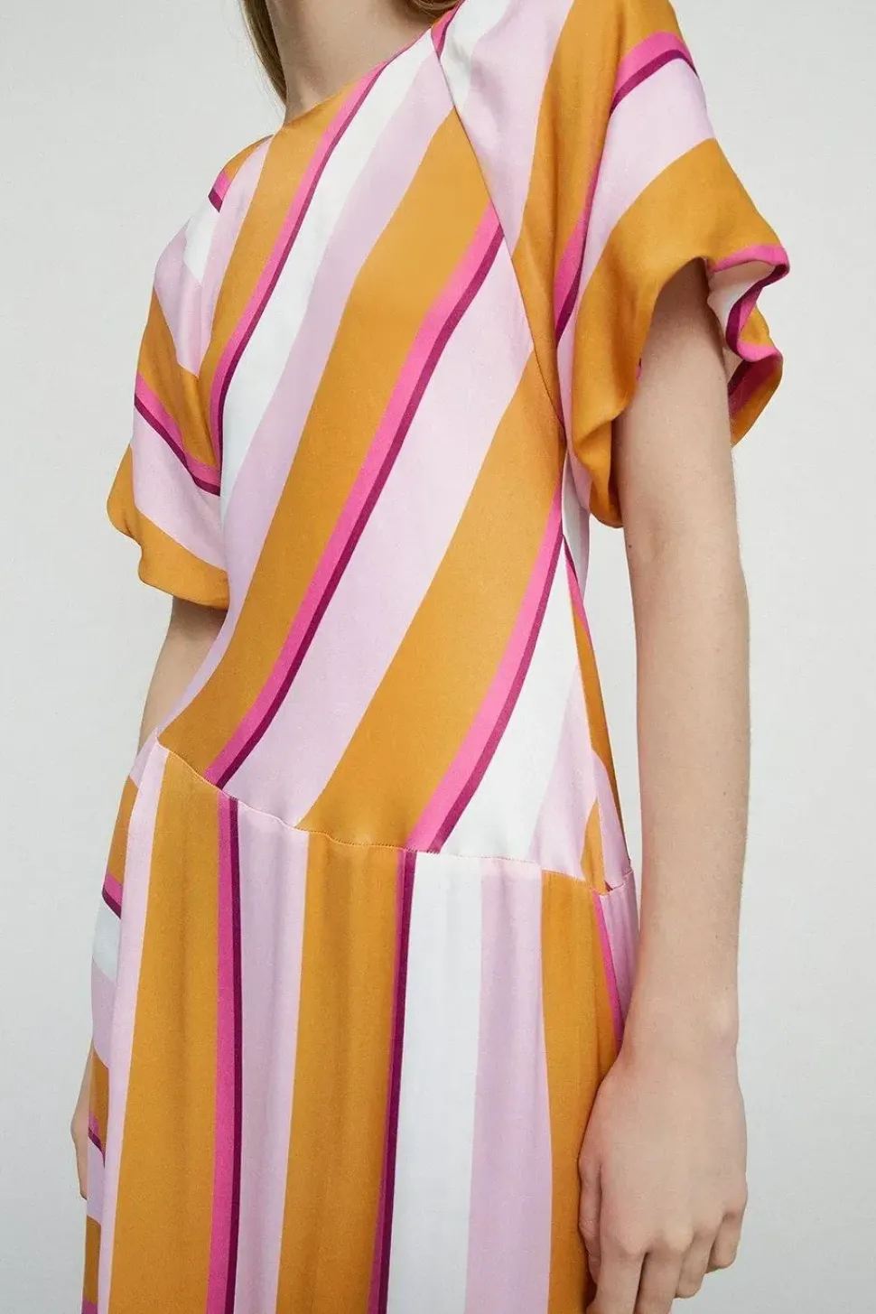 Petite Satin Puff Sleeve Stripe Midi Dress