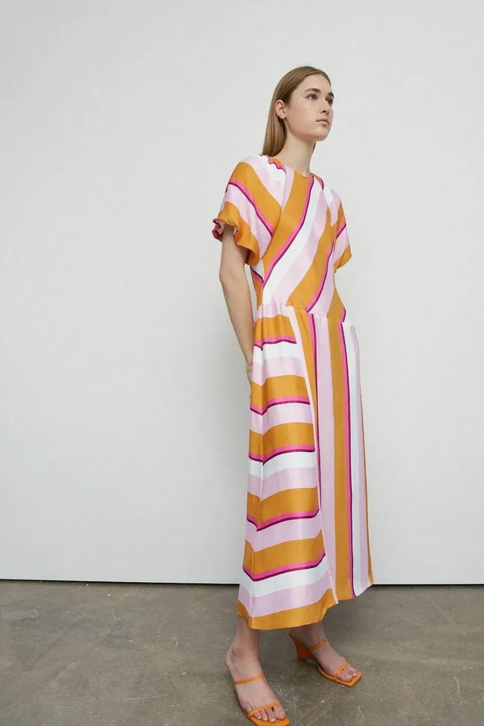 Petite Satin Puff Sleeve Stripe Midi Dress